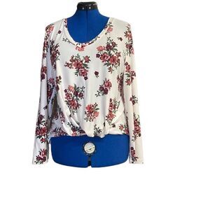 No Comment NY LA Floral Tie Front V-Neck Long Sleeve Top White Red‎ Size XL